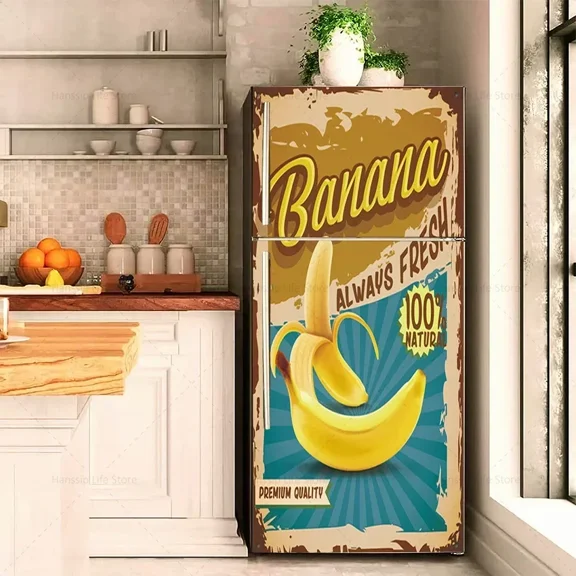 Retro Furit Fridge Door Sticker Waterproof PVC Lemon Banana Refrigerator Wallpaper Cover Mural Stickers Removable Fridge Decal