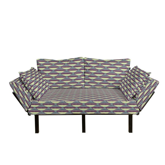 Retro Futon Couch, Abstract in Vibrant Geometric Hexagon Forms Vintage Design, Daybed with Metal Frame Upholstered Sofa for Living Dorm, Loveseat, Pale Yellow Cadet Blue, by Ambesonne