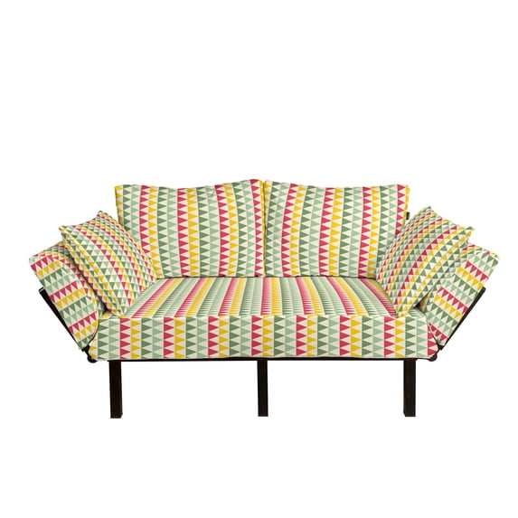 Retro Futon Couch, Colorful Triangles Sharp Edged Geometric Shapes in Horizontal Line, Daybed with Metal Frame Upholstered Sofa for Living Dorm, Loveseat, Dark Coral Pale Green, by Ambesonne