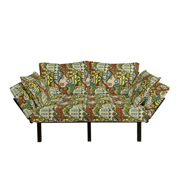Retro Futon Couch, Hand Drawn Old City in Colorful Tones European Buildings Featured Town Place Picture, Daybed with Metal Frame Upholstered Sofa for Living Dorm, Loveseat, Multicolor, by Ambesonne