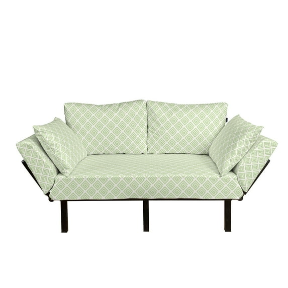 Retro Futon Couch, Pastel Vintage Geometric Swirled Square Shapes Monochrome Ornate Tile Pattern, Daybed with Metal Frame Upholstered Sofa for Living Dorm, Loveseat, Lime Green White, by Ambesonne
