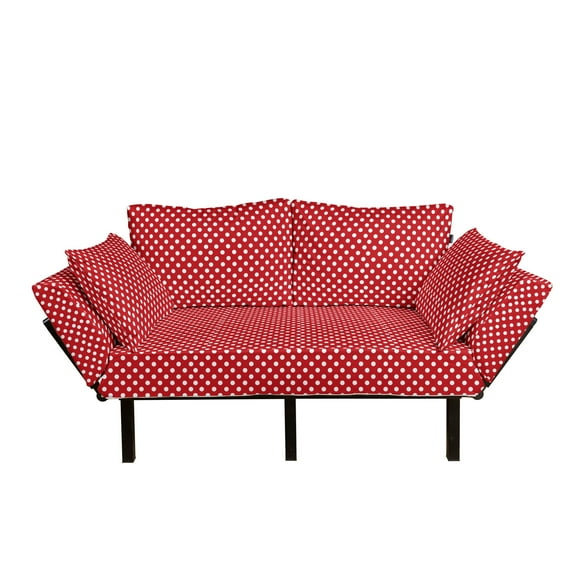 Retro Futon Couch, Vintage Polka Dots Big Plain Circular Round Forms Nostalgic Girlish Art Design, Daybed with Metal Frame Upholstered Sofa for Living Dorm, Loveseat, Red, by Ambesonne