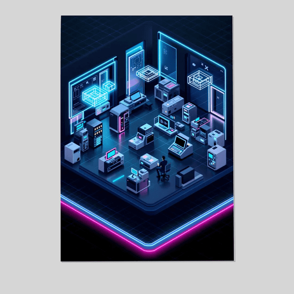 Retro Futurism Computer Lab Poster Isometric Neon Tech Wall Art 8x12 The Golden Shop