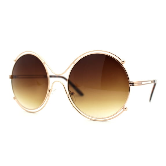 Retro Futurism Round Circle Lens Oversize Metal Rim Sunglasses Gold Brown