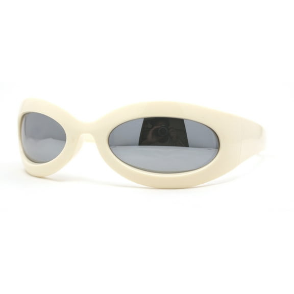 Retro Futurism Wrap Sport Thick Plastic Oval Sunglasses Ivory - Silver Mirror