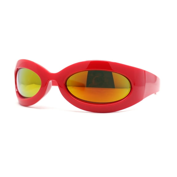 Retro Futurism Wrap Sport Thick Plastic Oval Sunglasses Red - Orange Mirror