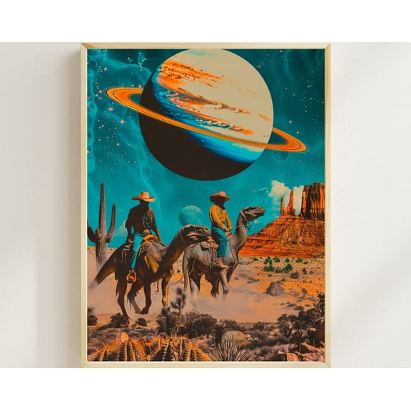 Retro Futuristic Art Vintage Western Sci-Fi Collage Art Space Cowboys Riding Dinosaurs Cosmic Art Space Adventure Surreal Jurassic Wall Art, 16x24 UNFRAMED