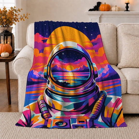 Retro Futuristic Astronaut Helmet Sunset View, Peaceful Mountain Lake Scene, Warm Flannel Blanket for Cabin and Lodge, Outdoor Lovers Camping Gift, Artistic Home Decor