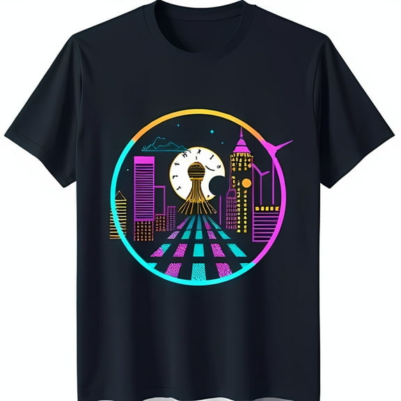 Retro Futuristic Black T-Shirt with Vibrant Cityscape Graphic & Clock Design