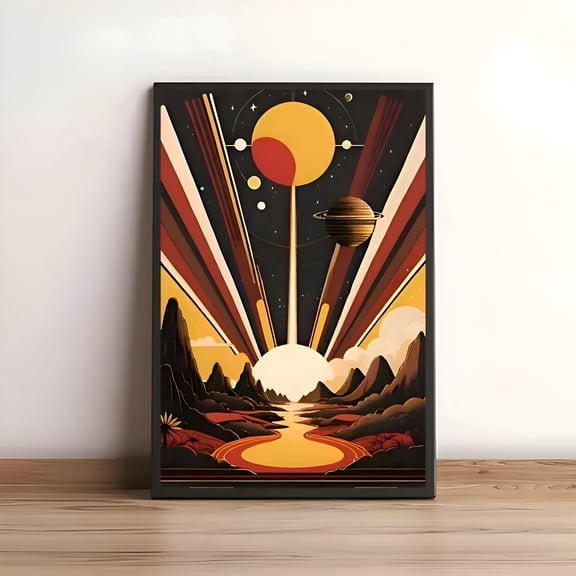 Retro Futuristic Celestial Landscape Poster Planets Stars Sunset Space Wall Art Vibrant Sci Fi Print for Bedroom Living Room Office Decor, UNFRAMED 8x12