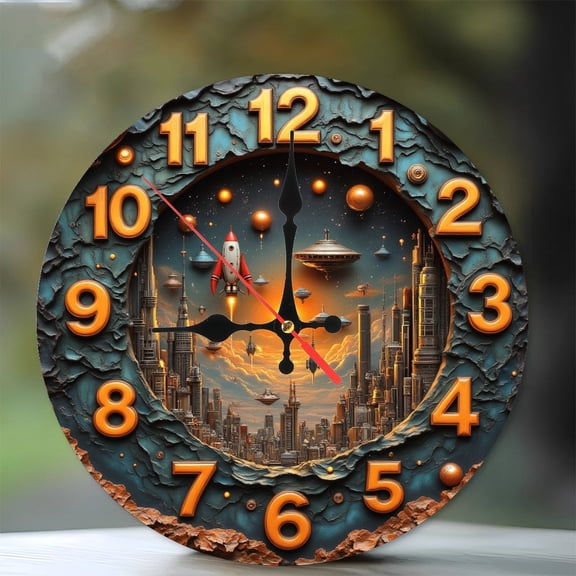 Retro Futuristic Cityscape Clock Wall Art 10-Inch Silent Wooden Wall Clock, Battery Operated (AA Batteries Not Included), Artistic Home Decor