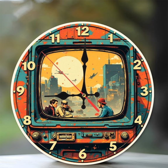 Retro Futuristic Cityscape Clock Wall Art 10-Inch Silent Wooden Wall Clock, Battery Operated (AA Batteries Not Included), Artistic Home Decor