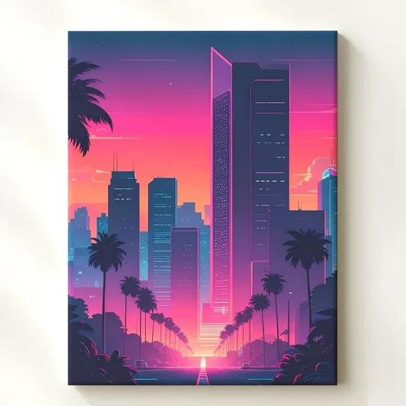 Retro Futuristic Cityscape Poster Sunset Skyline With Palm Trees & Neon Glow Art