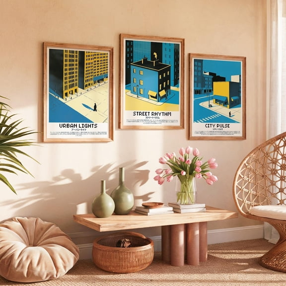 Retro Futuristic Cityscape Print Minimalist Urban Architecture Set 3 Unframed Paper Print 8x12