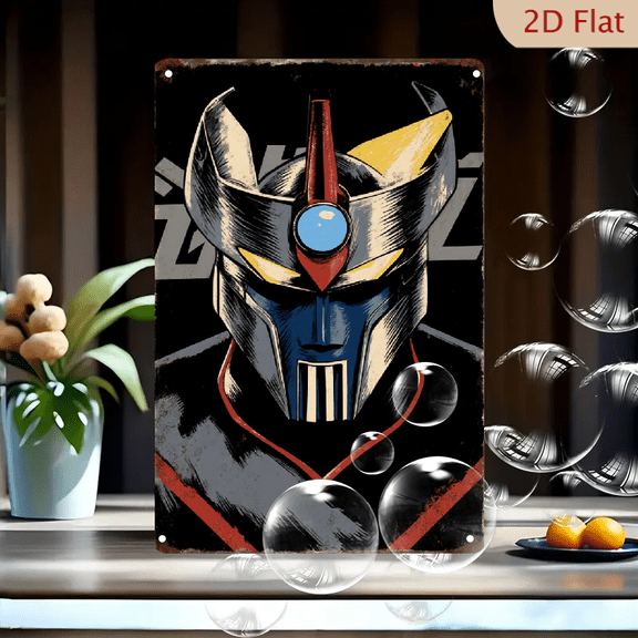 Retro Futuristic Mecha Robot Wall Art 8x12 Inch Metal Tin Sign, Vintage Comic Style Silver Blue Red Gold Hero Poster for Man Cave Garage Decor