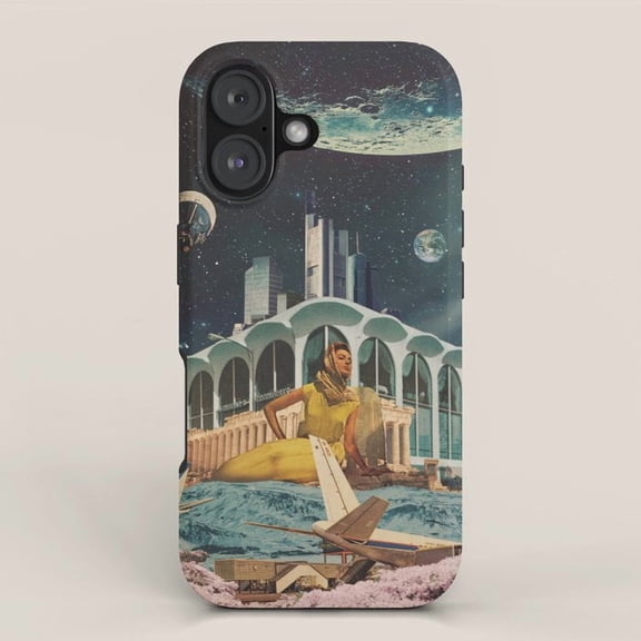 Retro Futuristic Space City Collage Navy Teal Yellow Tough Phone Case for Apple iPhone 11 Through 17 Models