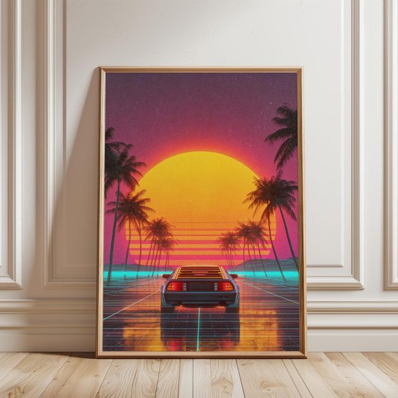 Retro Futuristic Sports Car Print Neon Sunset Palm Trees Synthwave Wall Art, Unframed Paper Print