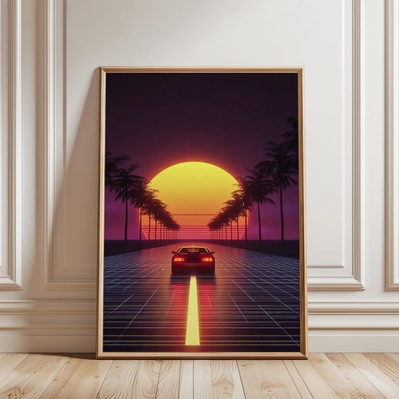 Retro Futuristic Sports Car Print Neon Sunset Palm Trees Synthwave Wall Art, Unframed Paper Print