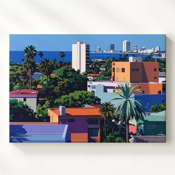 Retro Futuristic Suburb Poster Stylized Tropical Neighborhood Art