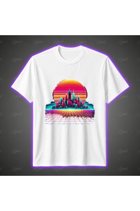 Retro Futuristic Synthwave Cityscape Sunset Cyberpunk Vibe Unisex T-shirt, S-5XL