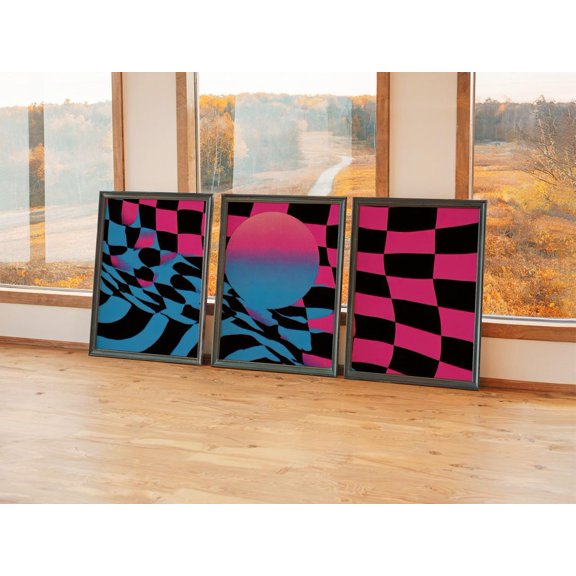 Retro Futuristic Wall Art Print Set Of 3, Y2K Blue Warped Grid Graphic Decor