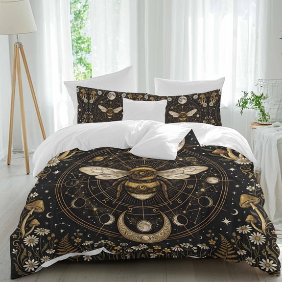 Retro Galaxy Bee Comforter Set Twin Size, Abstract Yellow and White Moon Mushroom Plant Soft Bedding Set for Man Woman, 4 Pieces Duvet Cover Set with Fitted Sheet, 2 Pillowcases