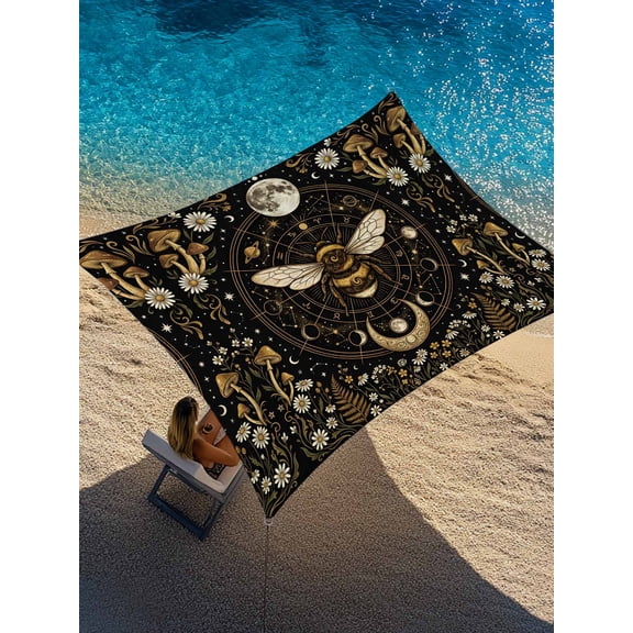 Retro Galaxy Bee Sun Shade Sail 8' x 10', Abstract Yellow and White Moon Mushroom Plant Rectangle Outdoor Sunshade Canopy, Waterproof UV Block Patio Covers for Garden Yard Beach