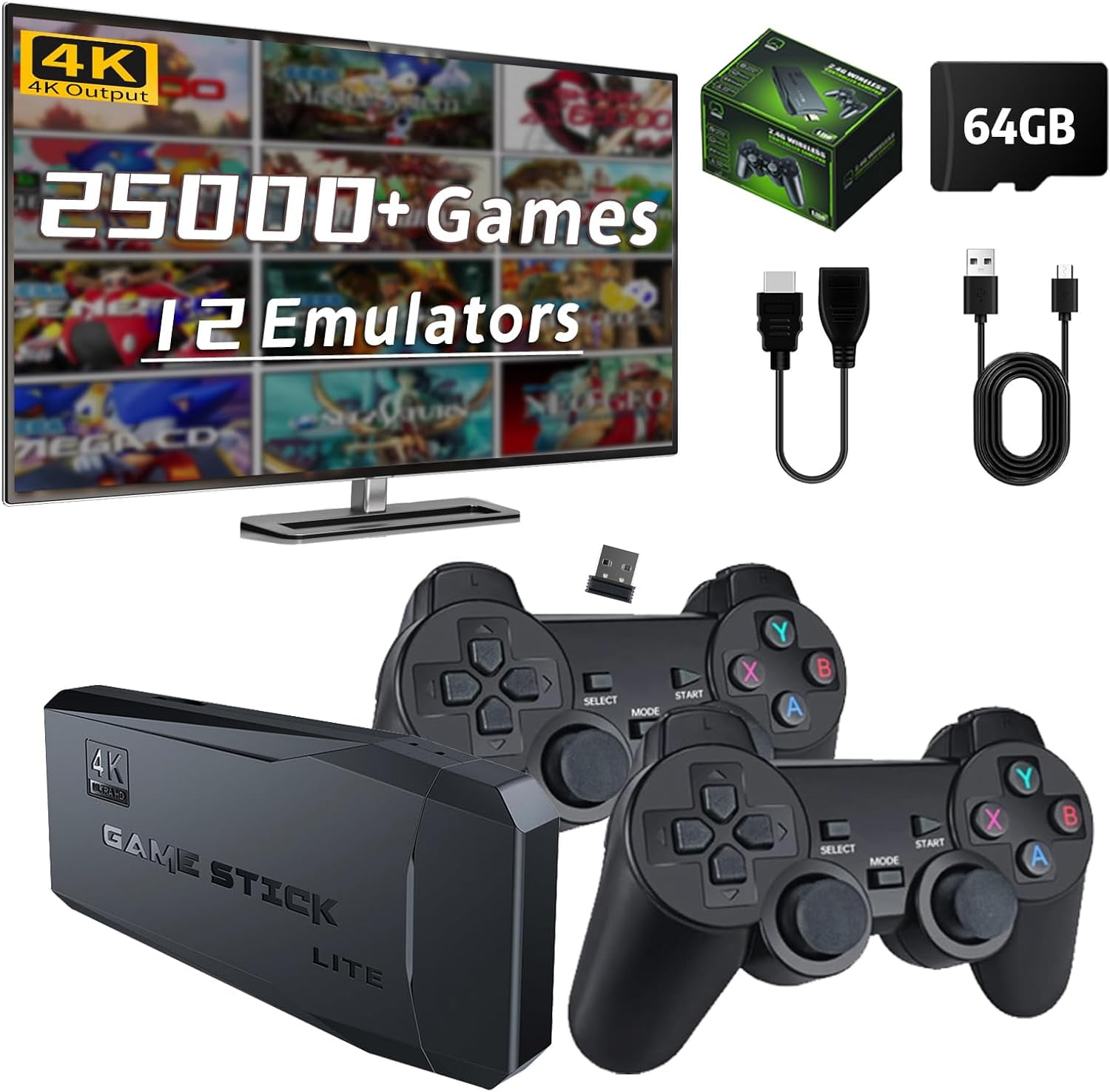 Retro Game Stick,Retro Game Console,Retro Gaming Console,Wireless Retro Game  Stick,Plug and Play Video Game Stick Built in 20000+Games,4K HDMI Output,9  Classic Emulators, Dual 2.4G Wireless Retro Game 