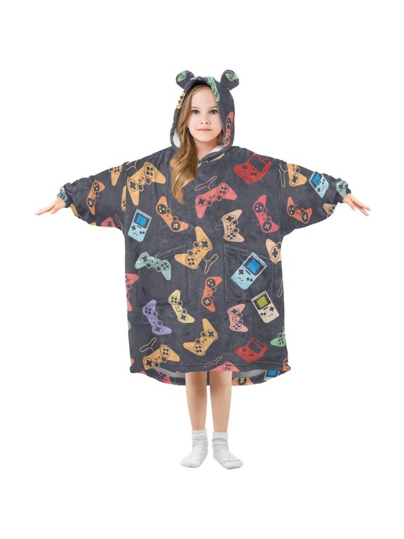 Retro Game Controller Pattern Kids Wearable Blanket Hoodie Toddler Oversized Sherpa Sweatshirt 3-14 YR S