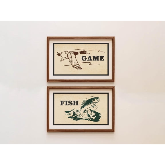 Retro Game Fish Prints Outdoors Art Hunting for Hunter Wildlife Fishing Wall Art Cabin Decor Outdoorsy Set 2 Unframed Paper Print 8x12