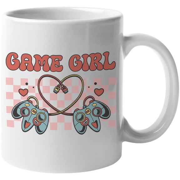 Retro Game Girl with Video Gaming Controller, Valentine's Day Gamer Gift, White 11oz Ceramic Mug