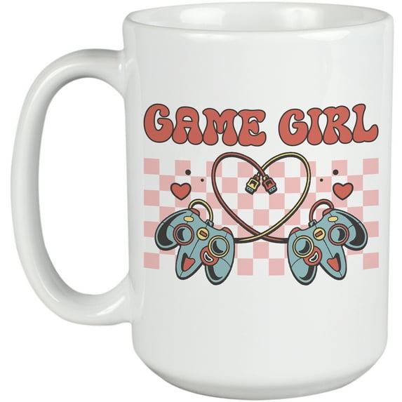 Retro Game Girl with Video Gaming Controller, Valentine's Day Gamer Gift, White 15oz Ceramic Mug