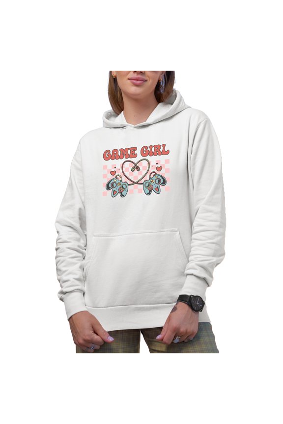 Retro Game Girl with Video Gaming Controller, Valentine's Day Gamer Gift, White Hooded Sweatshirt or Hoodie, Small