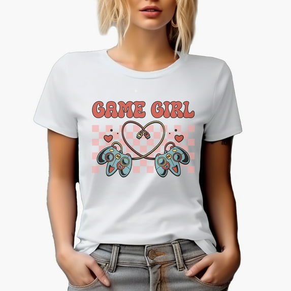 Retro Game Girl with Video Gaming Controller, Valentine's Day Gamer Gift, White T-Shirt, 3XL