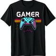 thumbnail image 1 of Retro Gamer Black T-Shirt with Colorful Controller Graphic & Heartbeat Design, 1 of 5