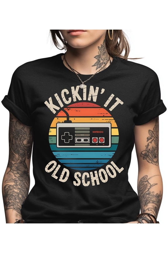 Retro Gamer Shirt, Kickin' It Old School Tee, Vintage Video Game Top, 8-Bit Controller Graphic, Nostalgic Gift for Gamer Dad, Funny 80s Tee