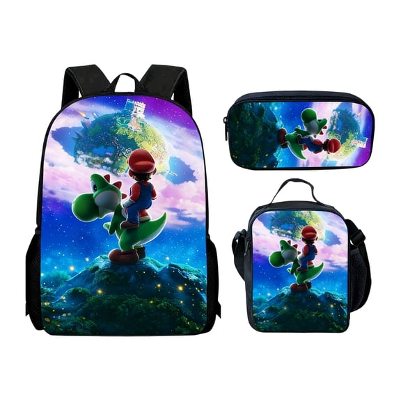 Retro Gaming 3-Piece Backpack Set – Insulated Lunch Bag & Accessories Pouch, All-Over Print Nostalgic Game Fan Backpack for School, Travel, and Daily Commute
