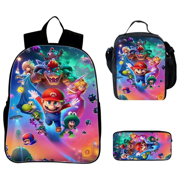 Retro Gaming 3-Piece Backpack Set – Insulated Lunch Bag & Accessories Pouch, All-Over Print Nostalgic Game Fan Backpack for School, Travel, and Daily Commute