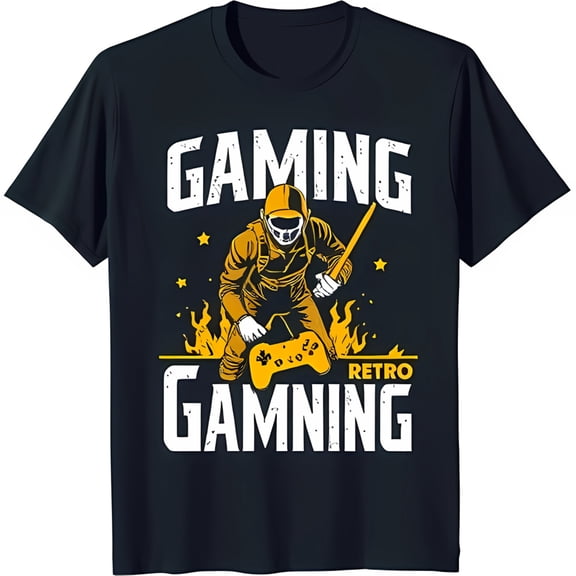 Retro Gaming Black T-Shirt with Cartoon Gamer & Fire Graphic for Gamers