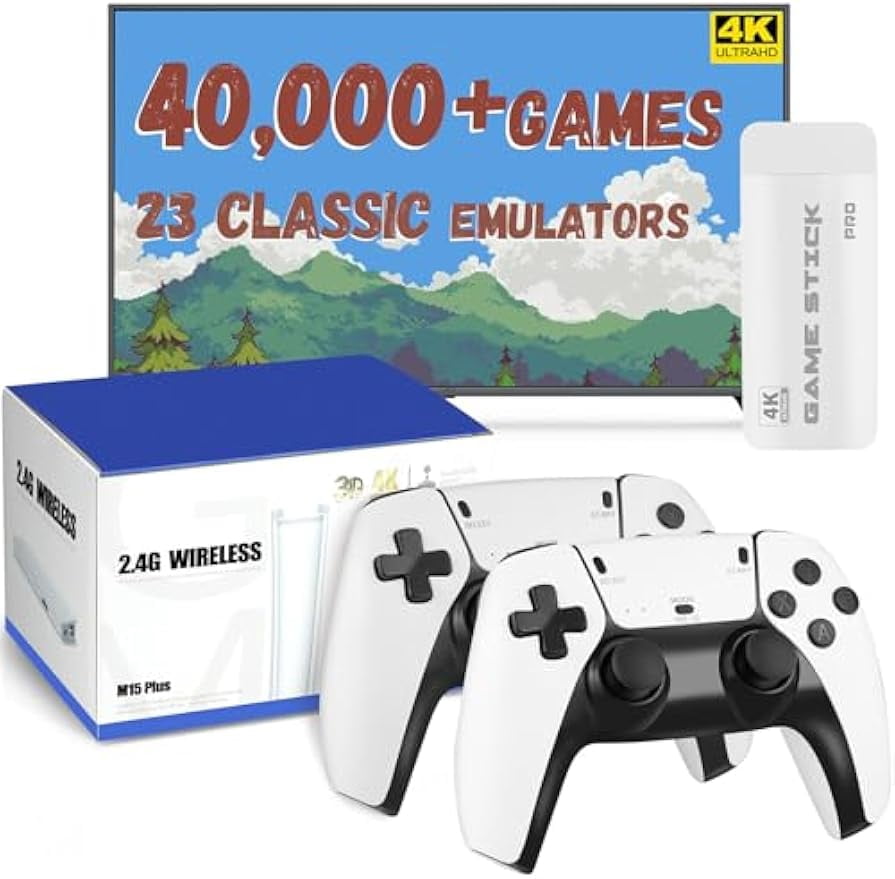 Retro Gaming Console with 40,000+ Classic Games, 23 Emulators, Dual 2.4GHz Wireless Controllers, 4K HD Output, Save & Load Function, Plug & Play, Compatible with TV/PC/Projector, 64GB
