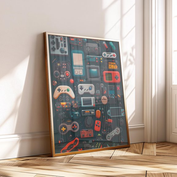Retro Gaming Controller Vintage Arcade Colorful Nerd Art, Unframed Paper Poster 8x10in