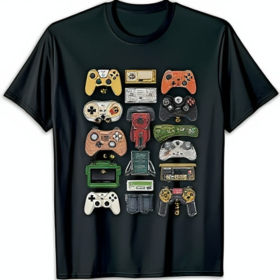 Retro Gaming Controllers Graphic Black T-Shirt Celebrate Gaming History