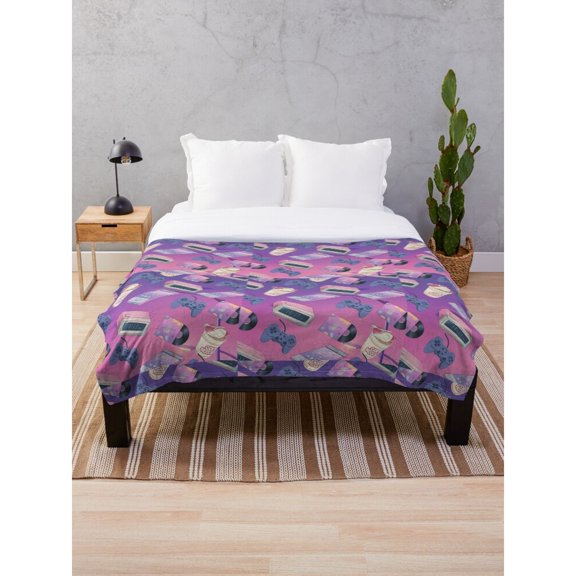 Retro Gaming Controllers, Handheld Consoles and Cassettes Purple Polyester Fleece Blanket, 280 GSM, Couch or Bed