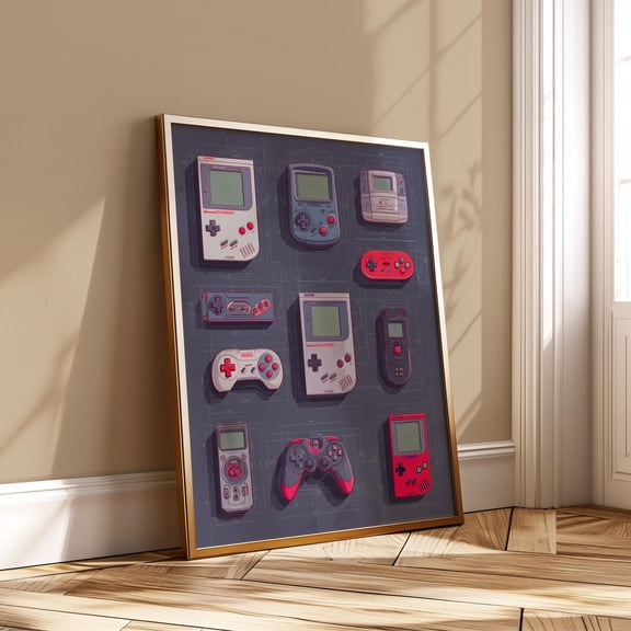 Retro Gaming Decor Gameboy Controller Blueprint Tech Wall Art Gamer Gift, Unframed Canvas 8x10in