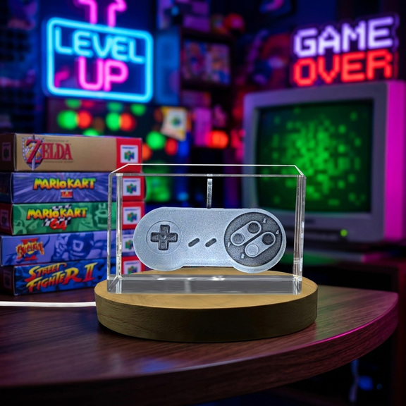 Retro Gaming Glory: 3D Engraved Crystal 1990 Game Controller A&B Crystal Collection