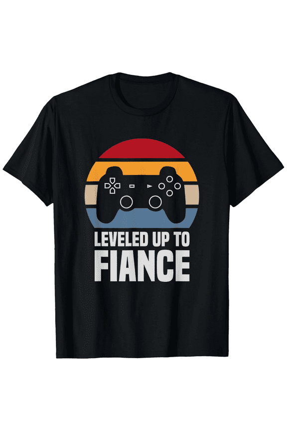 Retro Gaming Leveled Up To Fiance Funny Engagement Announcement T-Shirt, Vintage Video Game Controller Graphic Tee for Men, Groom To Be Wedding Proposal Gift Apparel