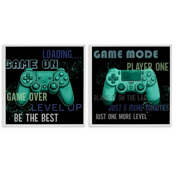 Stupell Industries Retro Gaming Phrases Controllers 2 Piece White Framed Giclee Art Set, design by Kim Allen