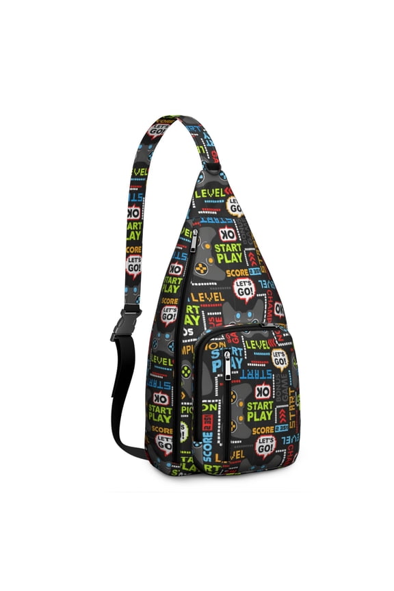 Retro Gaming Sling Backpack - Classic Video Game Button & Level Up Print, Durable Crossbody Bag for Outdoor Adventures