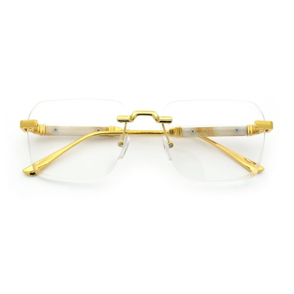 Retro Gangster Rapper Luxury Clear Lens Rimless Rectangle Fashion Eyeglasses Gold Beige