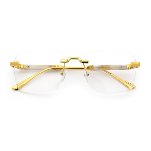 Retro Gangster Rapper Luxury Clear Lens Rimless Rectangle Fashion Eyeglasses Gold Beige